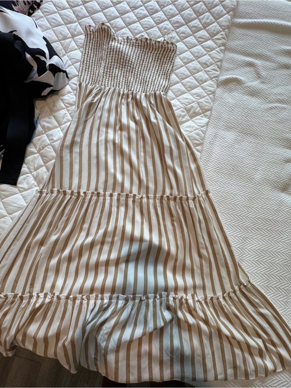 Smocked Strapless Maxi Dress in Beige & White Stripes